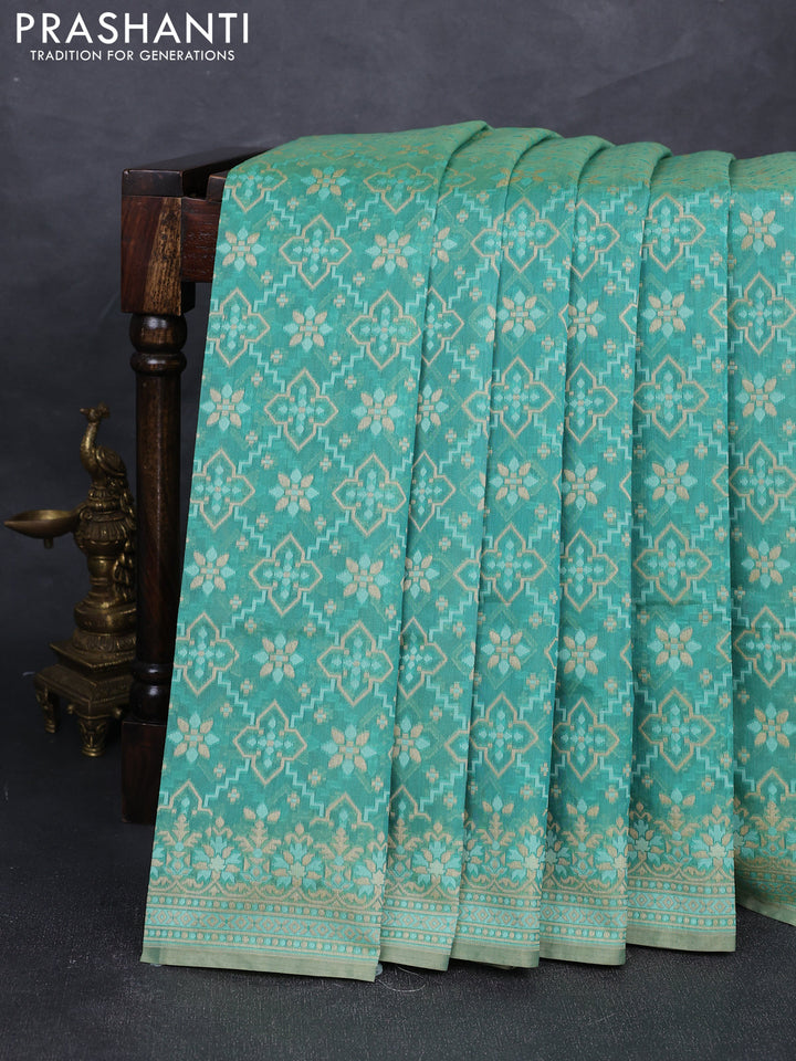 Banarasi cotton saree teal green with allover thread weaves and woven border
