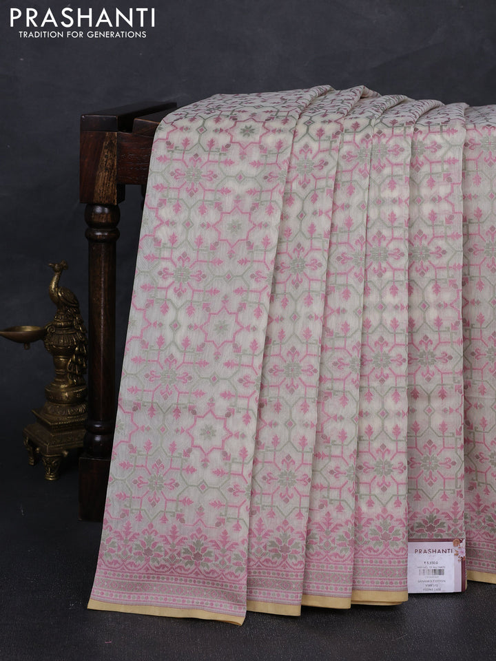 Banarasi cotton saree cream with allover thread weaves and woven border