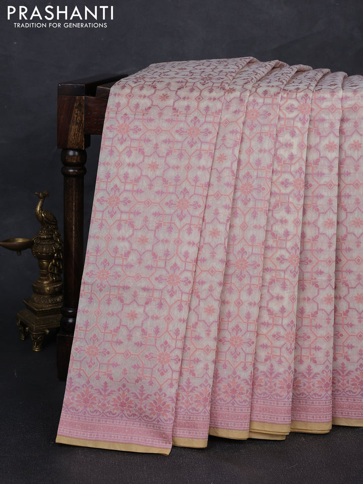 Banarasi cotton saree cream and mauve pink with allover thread weaves and woven border