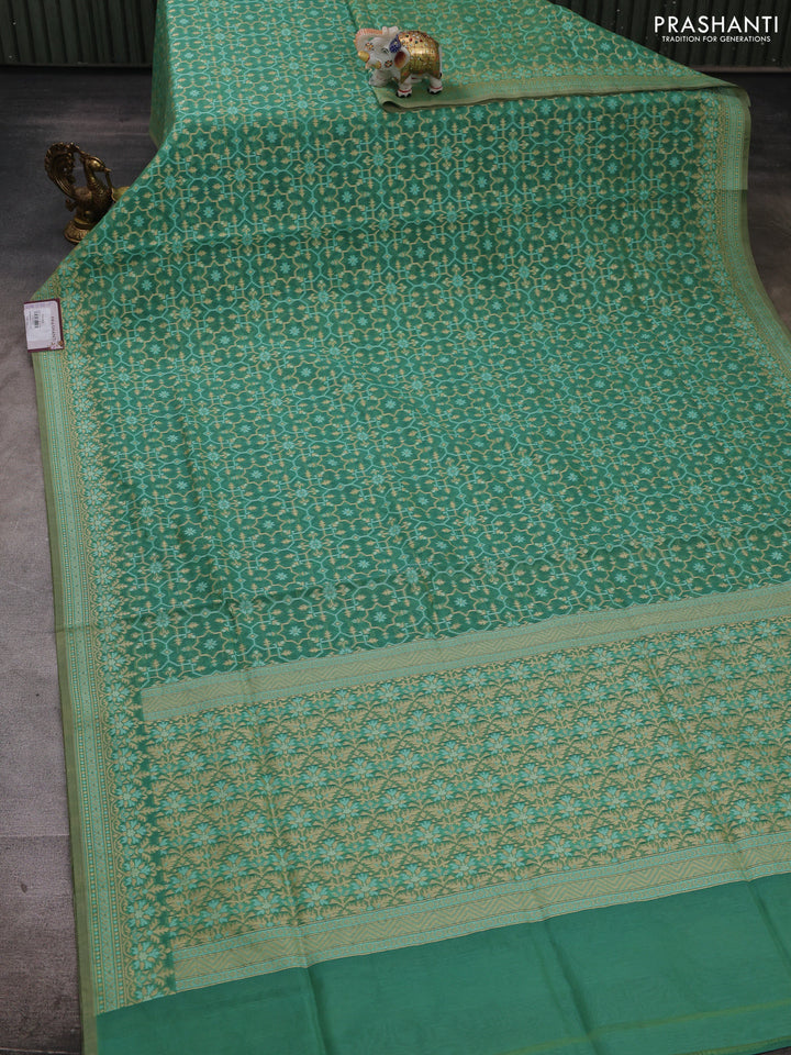 Banarasi cotton saree green with allover thread weaves and woven border