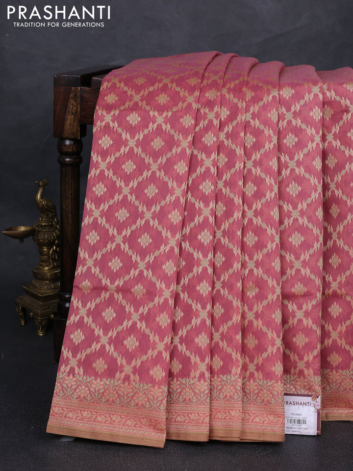 Banarasi cotton saree maroon shade with allover thread weaves and woven border