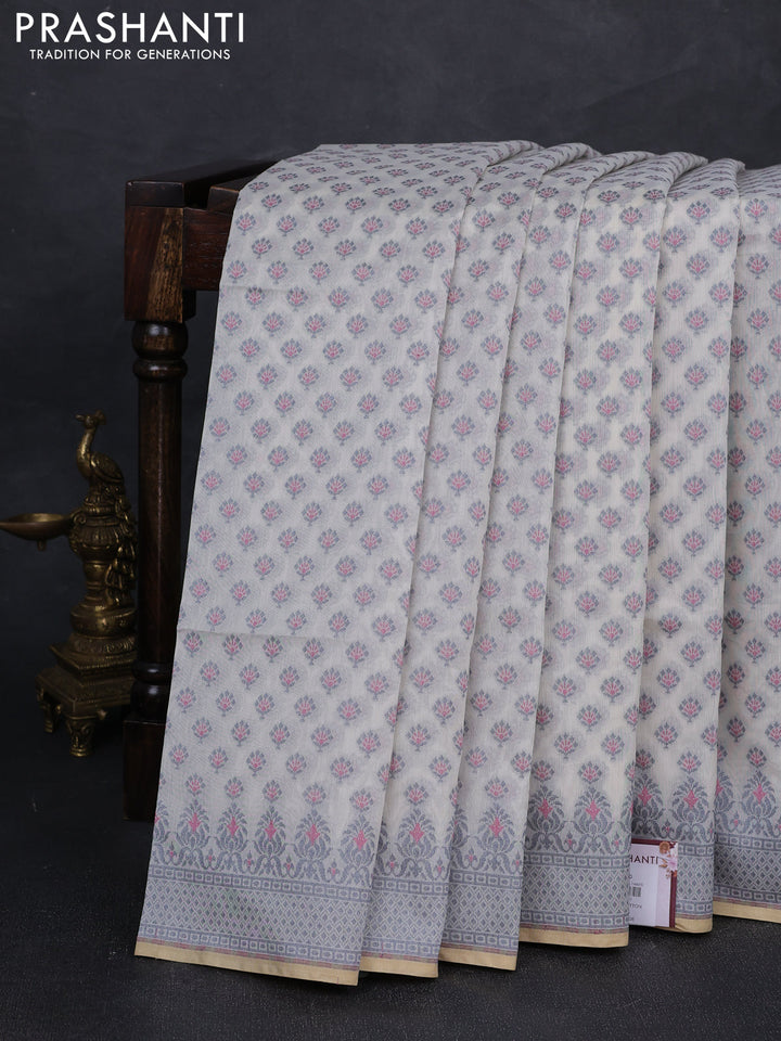 Banarasi cotton saree off white and grey with allover thread woven butta weaves and woven border