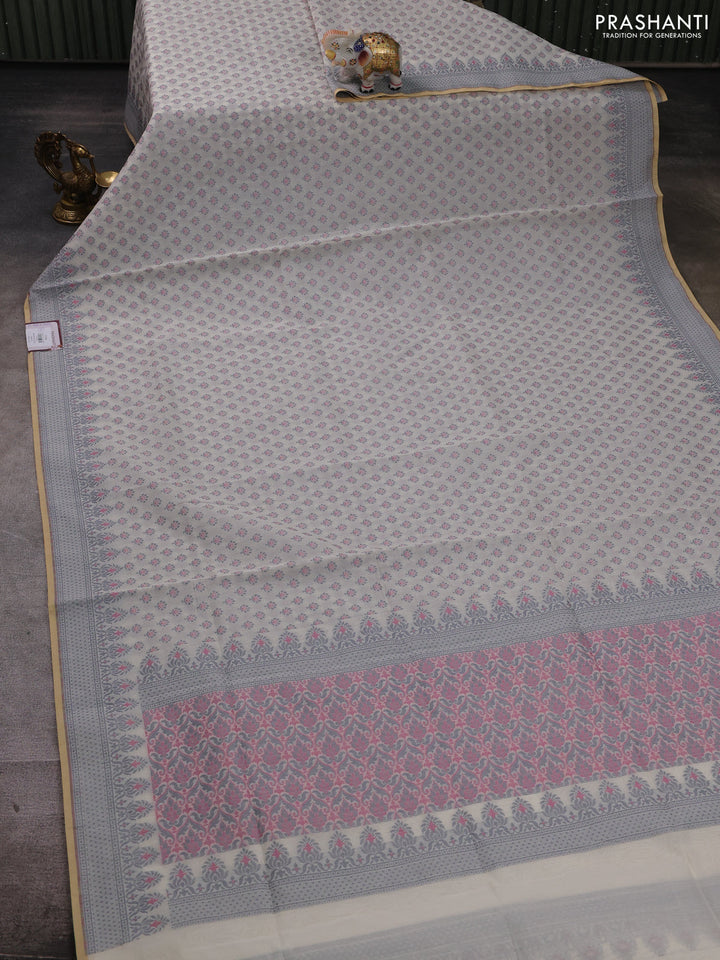 Banarasi cotton saree off white and grey with allover thread woven butta weaves and woven border