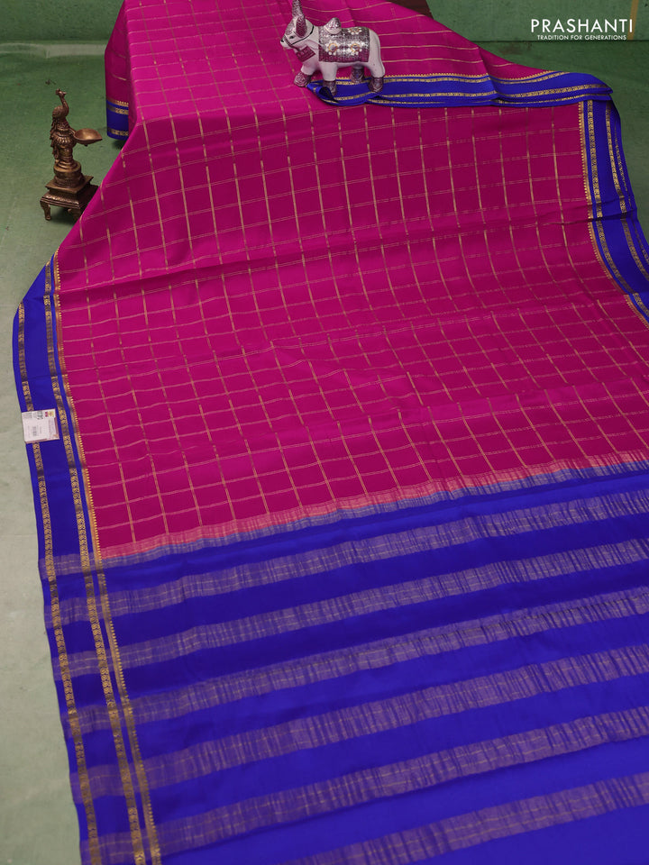 Pure mysore silk saree pink and royal blue with allover zari checked pattern and rettapet zari woven border
