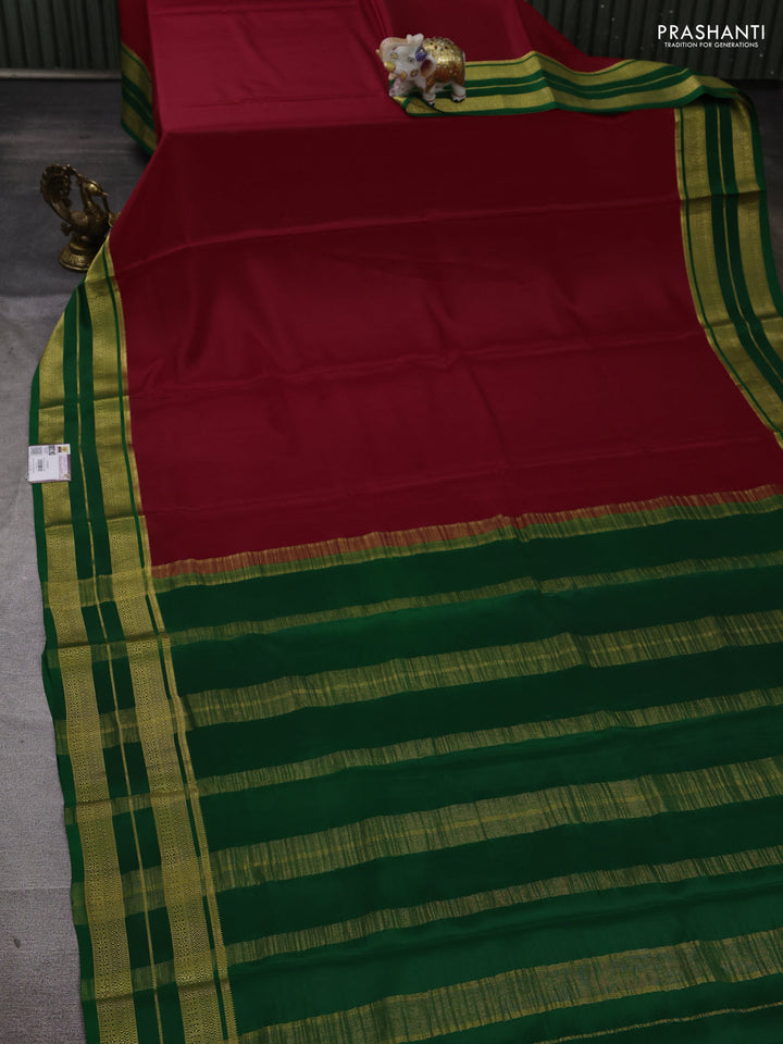 Pure mysore silk saree red and green with plain body and zari woven border