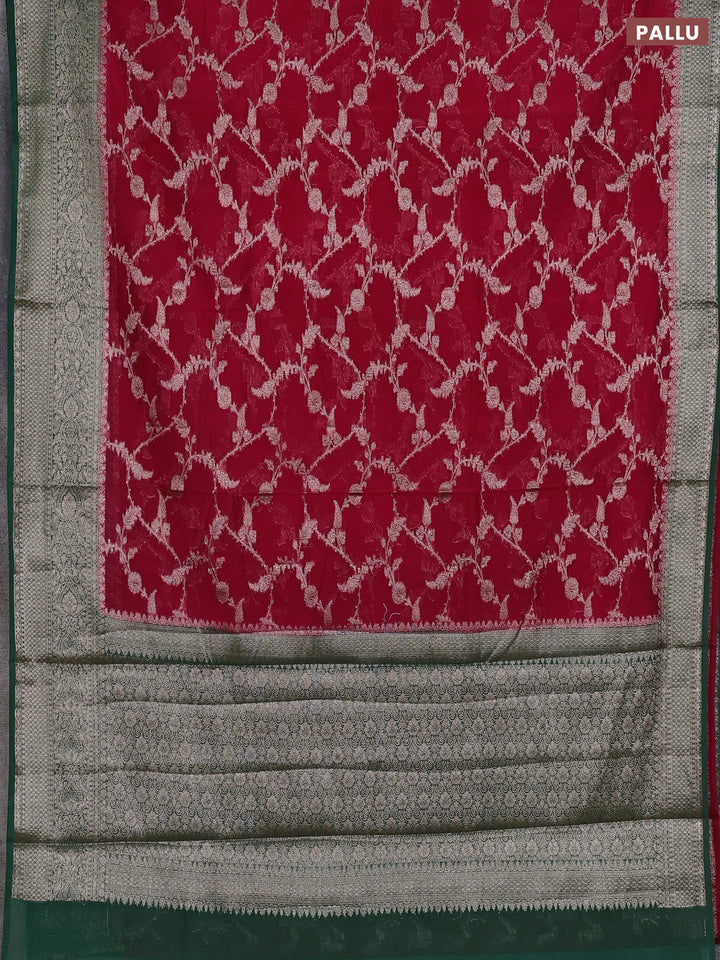 Semi chiniya silk saree pink and green with allover thread & zari weaves and woven border