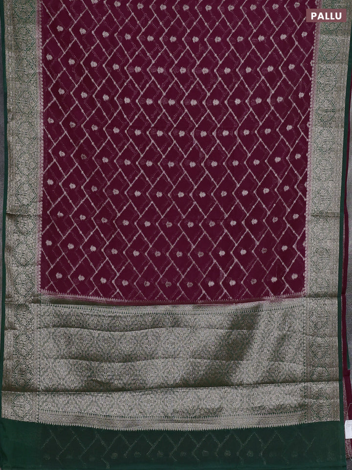 Semi chiniya silk saree wine shade and dark green with allover thread & zari weaves and woven border