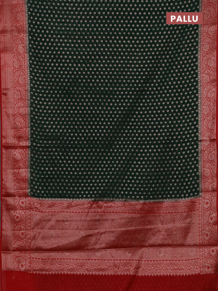 Semi chiniya silk saree bottle green and red with allover thread & zari woven buttas and woven border