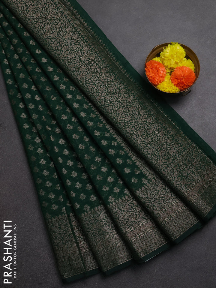Semi chiniya silk saree dark green with allover thread & zari woven buttas and woven border