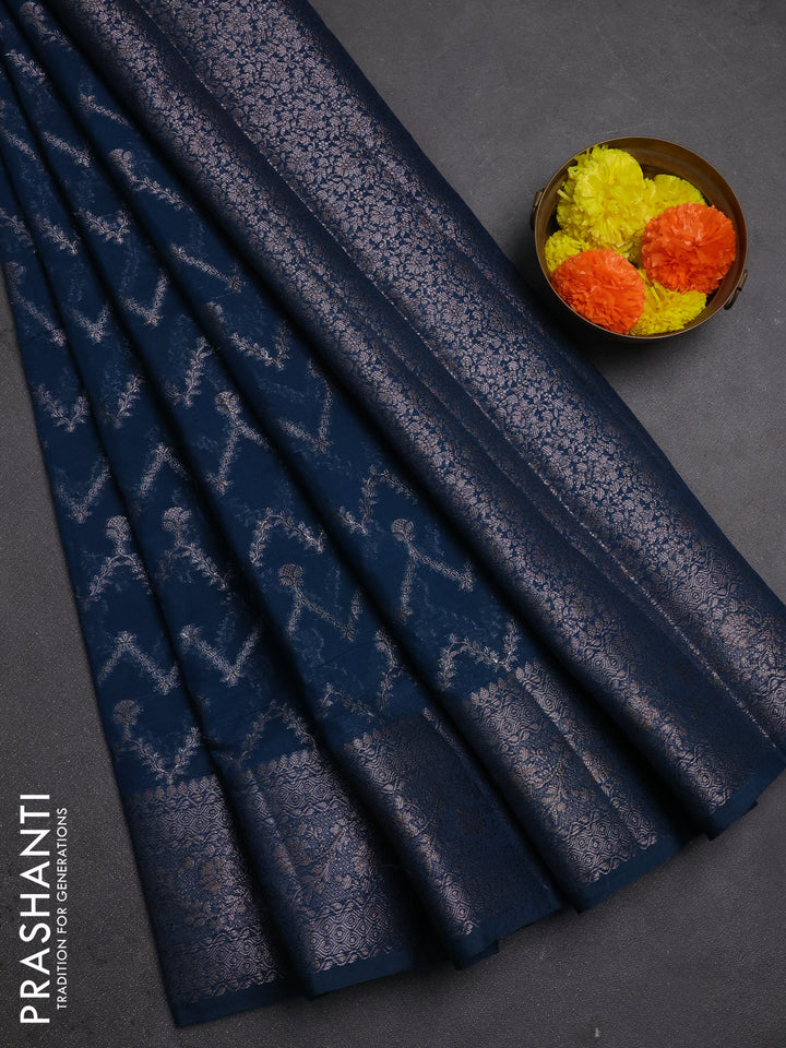 Semi chiniya silk saree peacock blue with allover thread & zari weaves and woven border