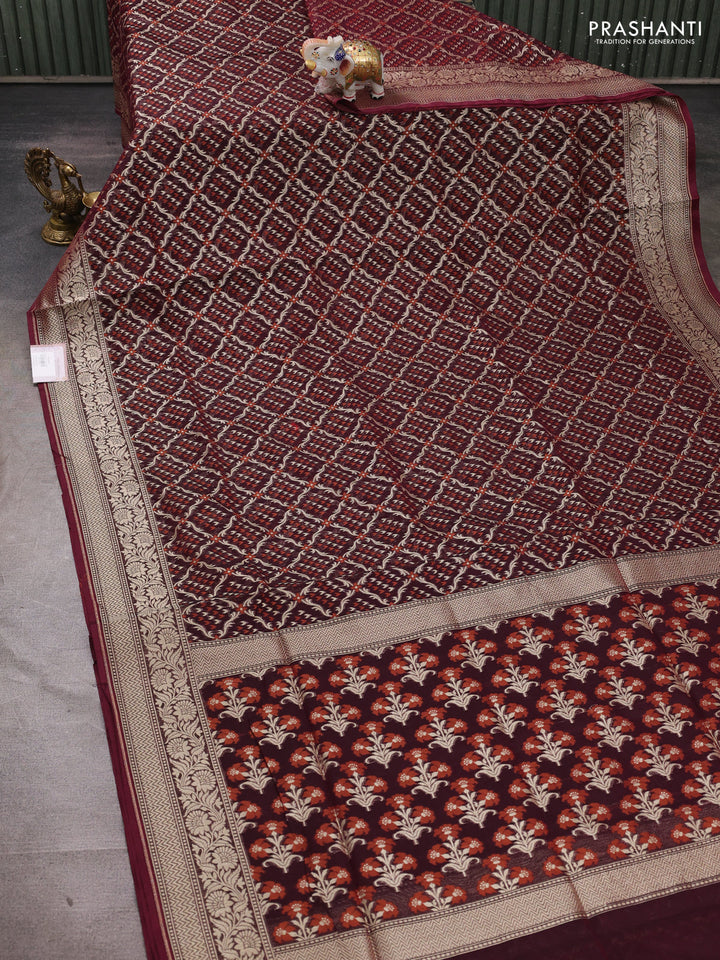 Banarasi silk cotton saree deep wine with allover thread & zari woven brocade weaves and zari woven border