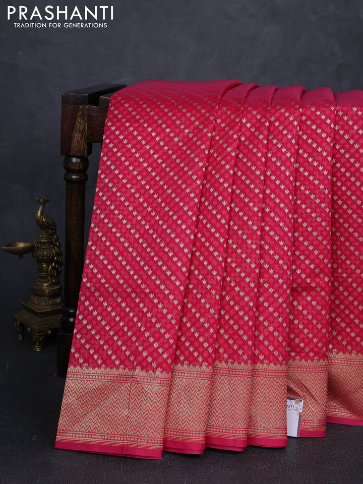Banarasi silk cotton saree dark pink with allover thread & zari woven buttas and temple design zari woven border
