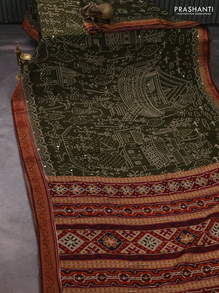 Maheshwari cotton saree sap green and maroon with allover ikat prints & mirror work and zari woven embroidery border