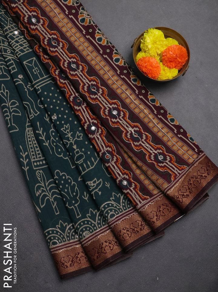 Maheshwari cotton saree peacock green and maroon with allover ikat prints & mirror work and zari woven embroidery border