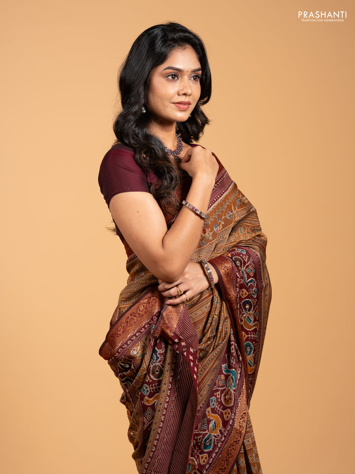 Maheshwari cotton saree dark mustard and maroon with allover prints & mirror work and thread woven embroidery border