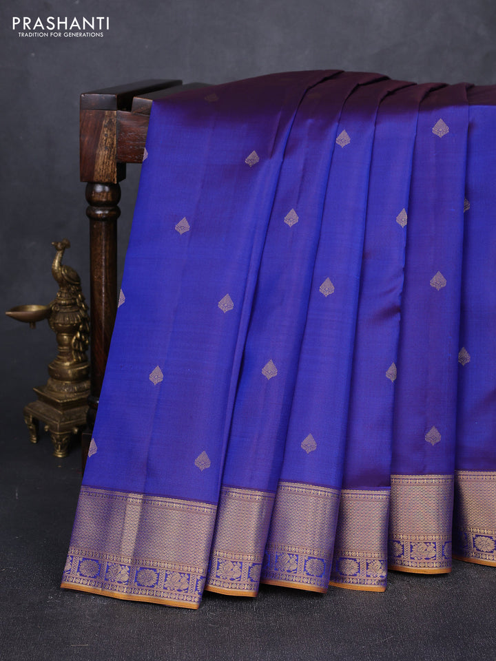 Pure kanchipuram silk saree dual shade of blue with zari woven buttas and zari woven border