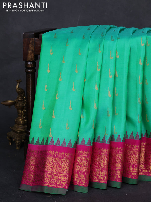 Teal Green & Pink Gadwal Silk - Muniya Buttas