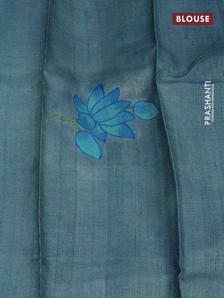 Pure tussar silk saree teal blue and bluish grey with plain body and pichwai hand painted pallu & border