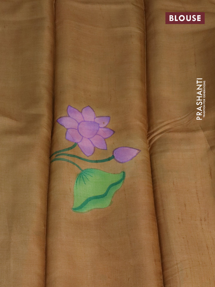 Pure tussar silk saree light blue and sandal with plain body and pichwai hand painted pallu & border