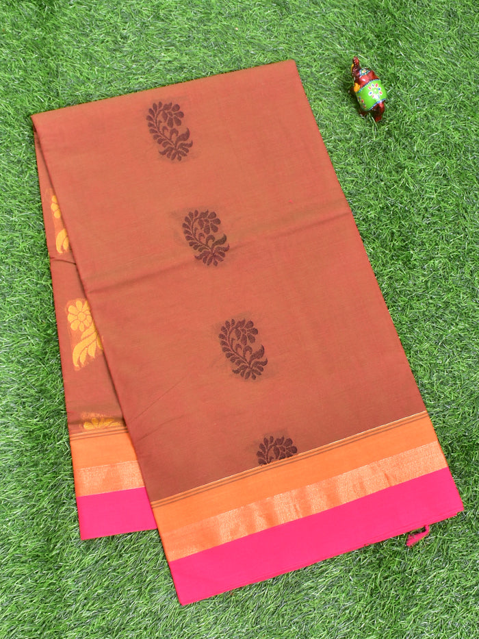 Coimbatore Cotton Brown Color Butta Saree with Plain Border