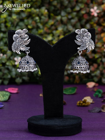 Oxidised jhumka floral design with sapphire stones and pearl hangings