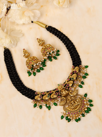 Black thread necklace lakshmi pendant with kemp stones in pearl & green beads hangings