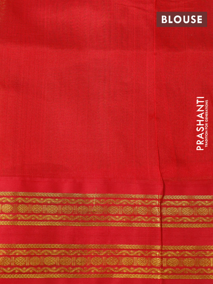 Silk cotton saree light green and red with plain body and zari woven korvai border