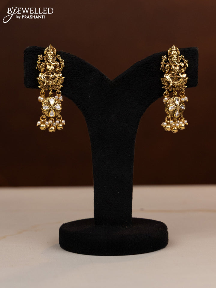 Antique beaded haaram ganesha pendant with kundan stones in pearl & golden beads hangings