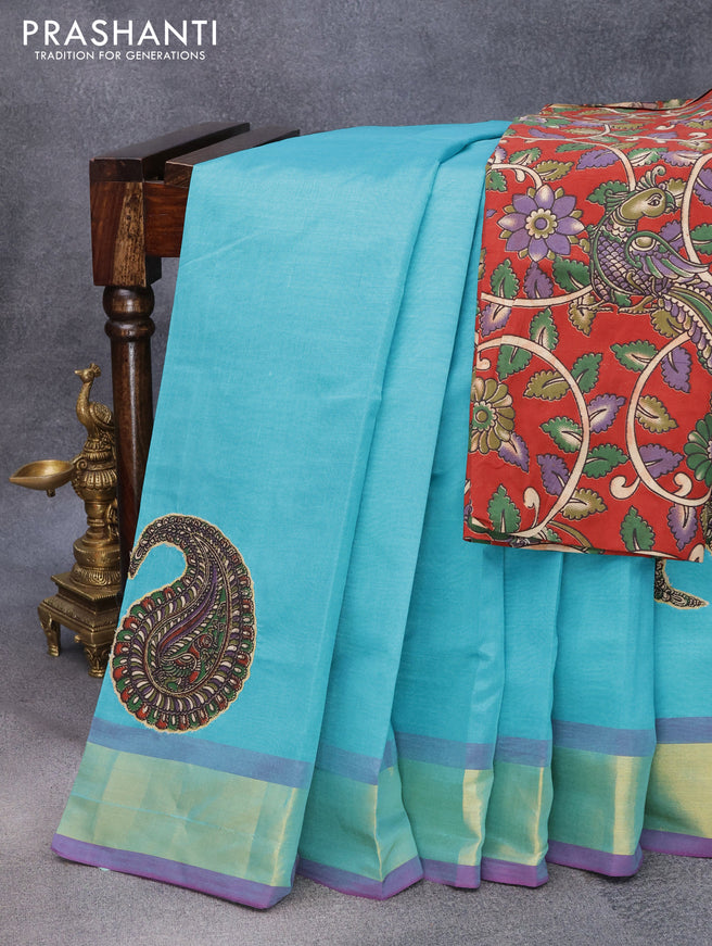Silk cotton saree purple and teal blue with kalamkari applique work and zari woven border & kalamkari blouse