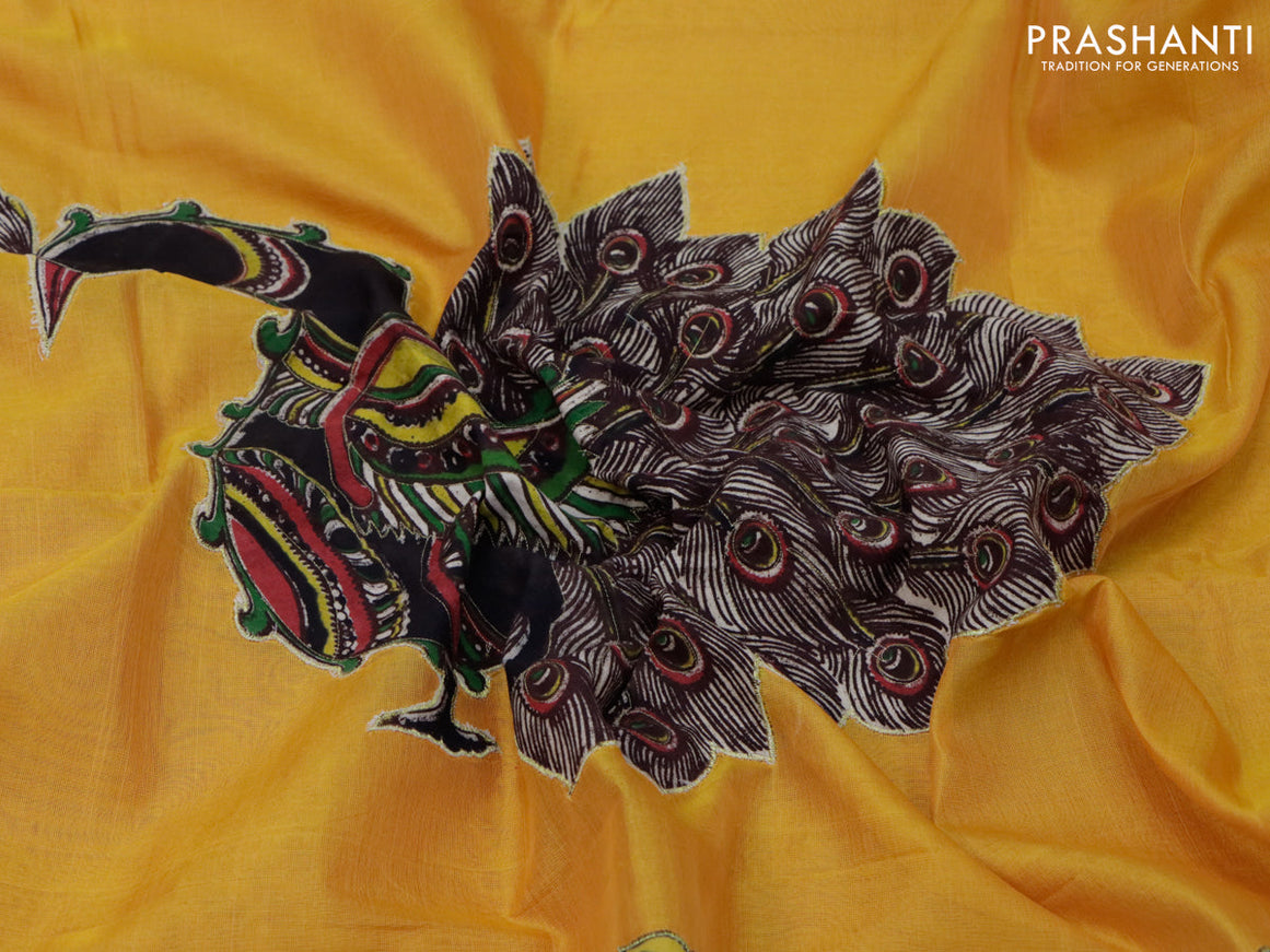 Silk cotton saree pink and mustard yellow with kalamkari applique work and zari woven piping border & kalamkari blouse