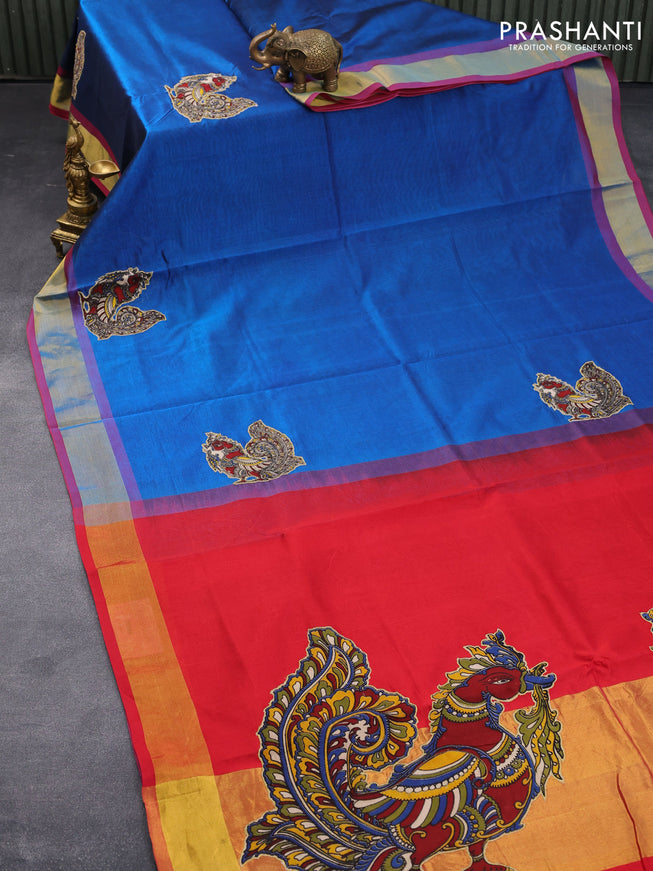 Silk cotton saree cs blue and red with kalamkari applique work and zari woven border & kalamkari blouse
