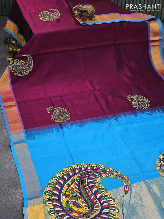 Silk cotton saree purple and cs blue with kalamkari applique work and zari woven border & kalamkari blouse