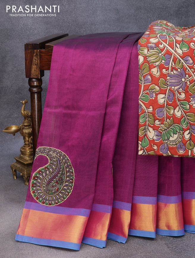 Silk cotton saree cs blue and purple with kalamkari applique work and zari woven border & kalamkari blouse