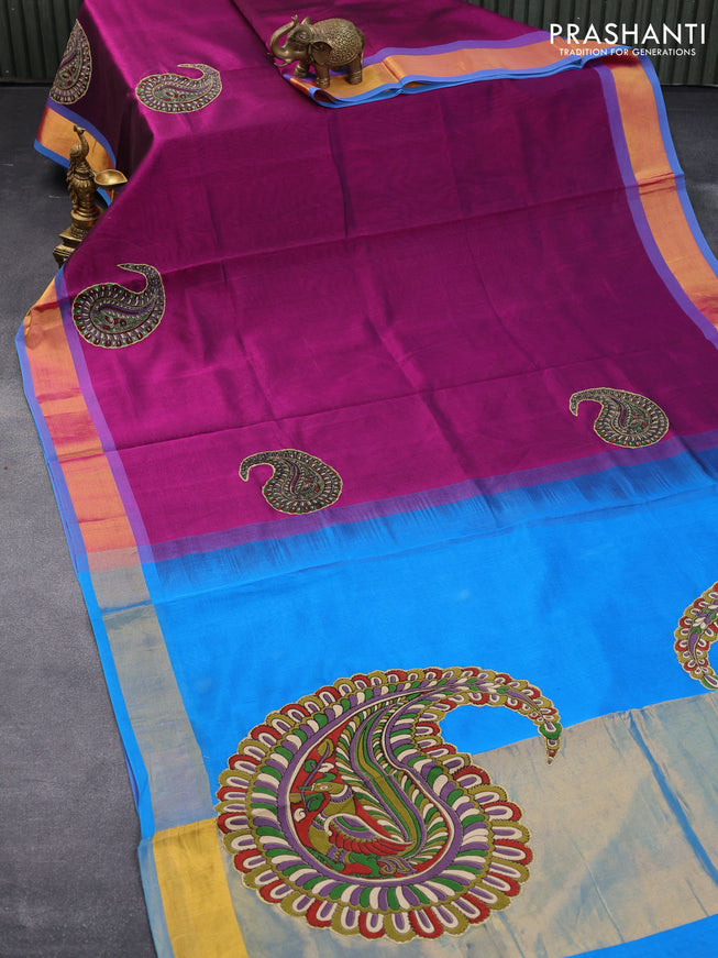 Silk cotton saree cs blue and purple with kalamkari applique work and zari woven border & kalamkari blouse