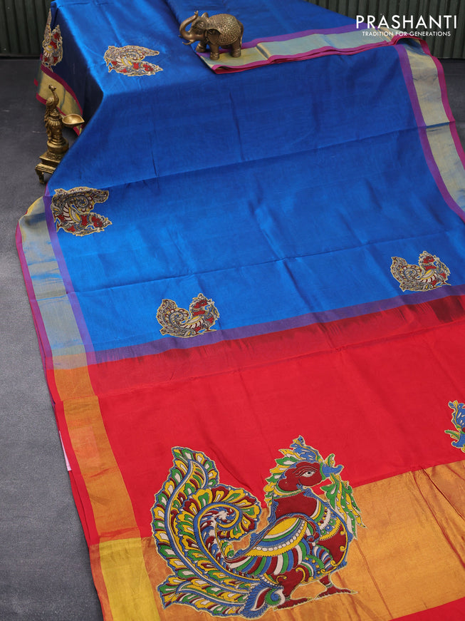 Silk cotton saree red and cs blue with kalamkari applique work and zari woven border & kalamkari blouse