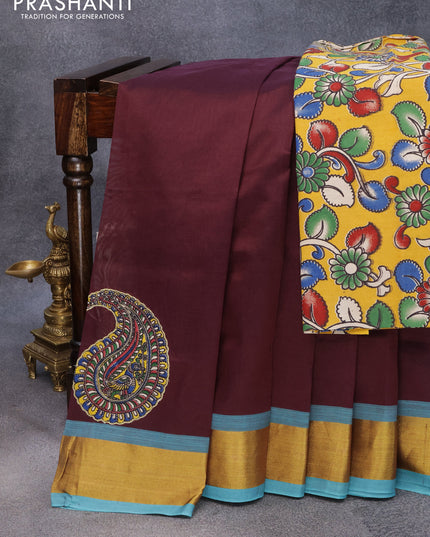 Silk cotton saree coffee brown and teal blue with kalamkari applique work and zari woven border & kalamkari blouse