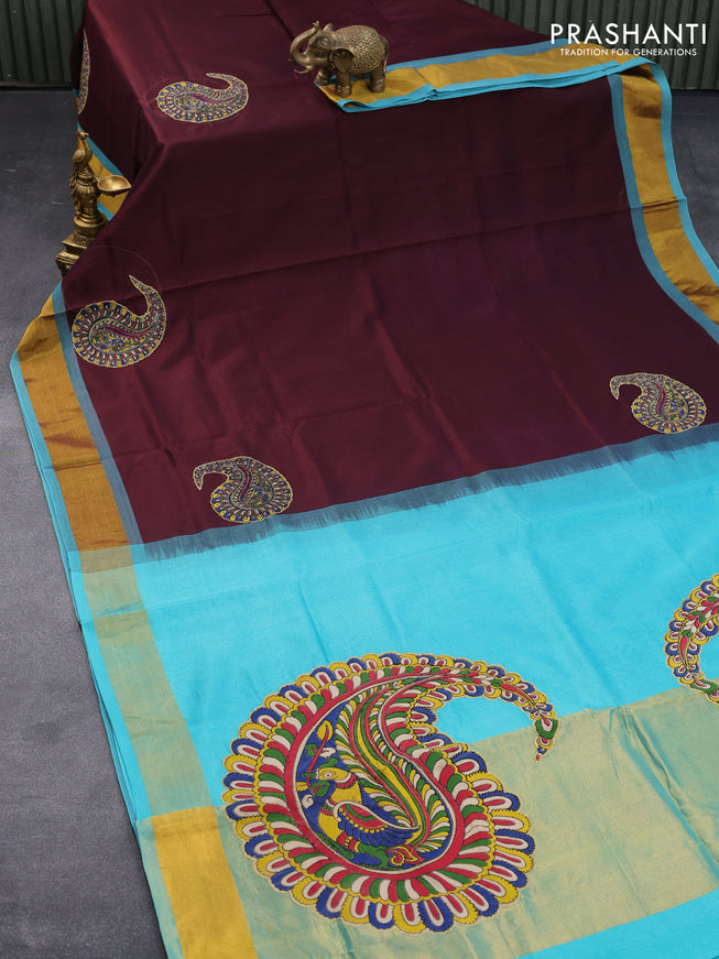 Silk cotton saree coffee brown and teal blue with kalamkari applique work and zari woven border & kalamkari blouse