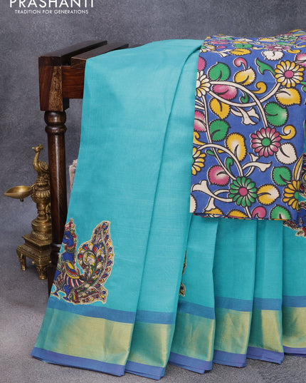 Silk cotton saree teal blue and blue with kalamkari applique work and zari woven border & kalamkari blouse