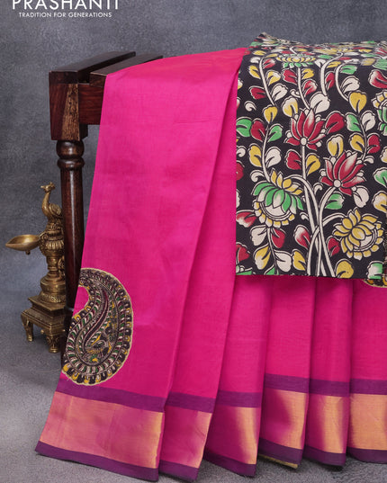 Silk cotton saree purple and green with kalamkari applique work and zari woven border & kalamkari blouse