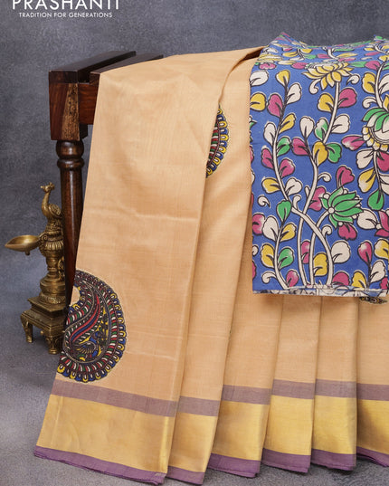 Silk cotton saree sandal and blue with kalamkari applique work and zari woven border & kalamkari blouse