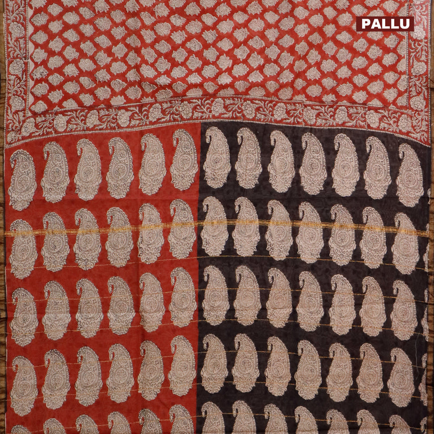 Chanderi bagru saree maroon and black with allover butta prints and zari woven piping border