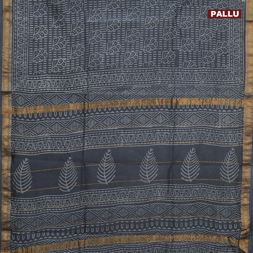 Chanderi bagru saree grey with allover prints and zari woven maheshwari border