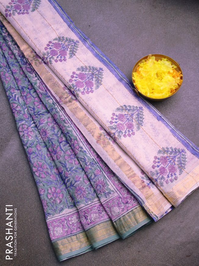 Chanderi bagru saree green shade and blue with allover floral prints and zari woven maheshwari border