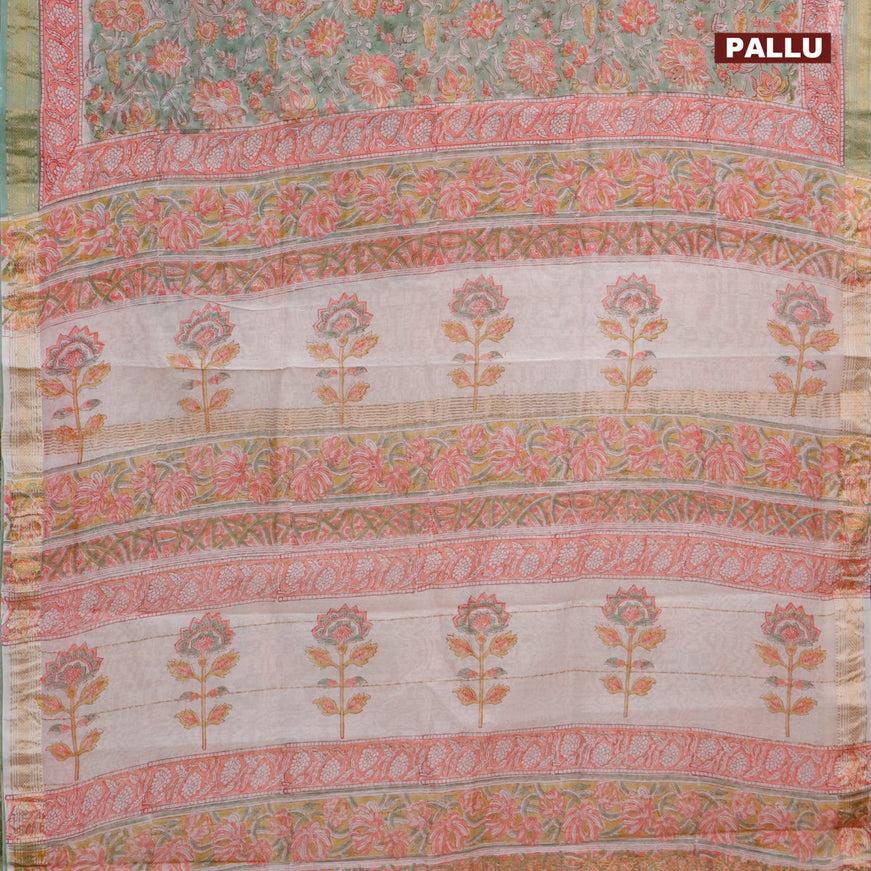 Chanderi bagru saree pastel green with allover floral prints and zari woven maheshwari border