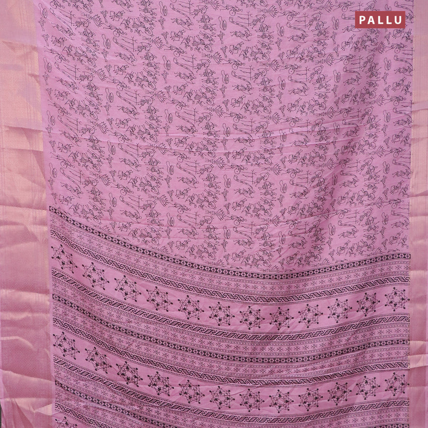 Semi dola saree pastel pink with allover warli prints and zari woven border