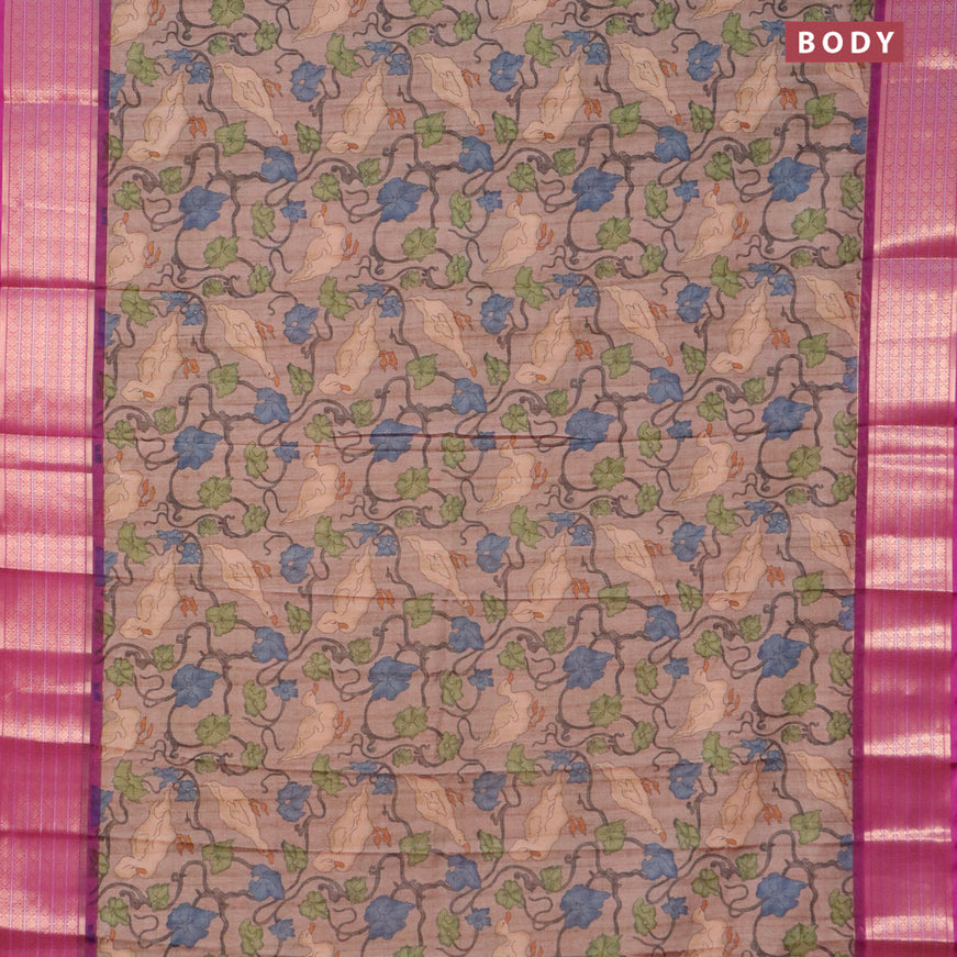 Semi kanjivaram silk saree brown shade and purple with allover digital prints and zari woven border