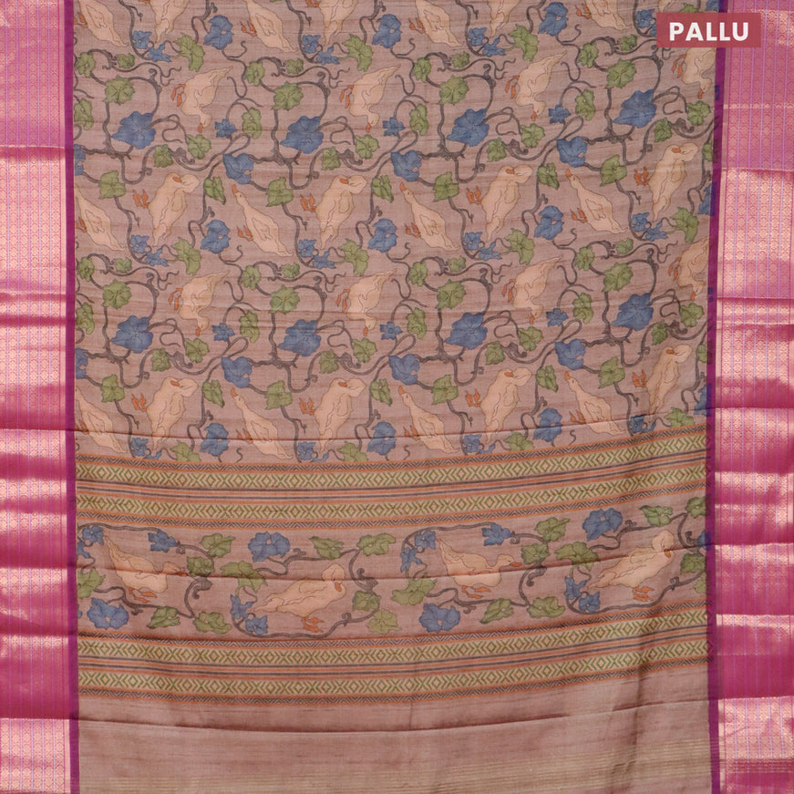 Semi kanjivaram silk saree brown shade and purple with allover digital prints and zari woven border