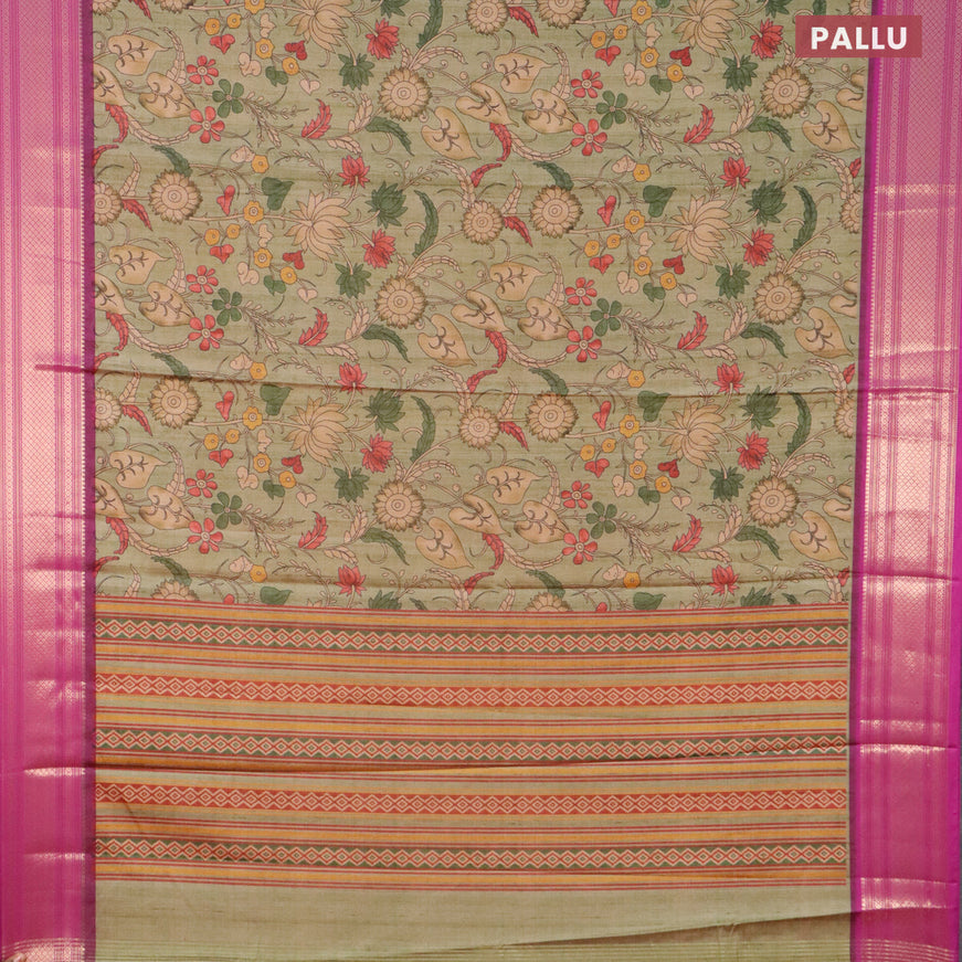 Semi kanjivaram silk saree green shade and purple with allover digital prints and zari woven border