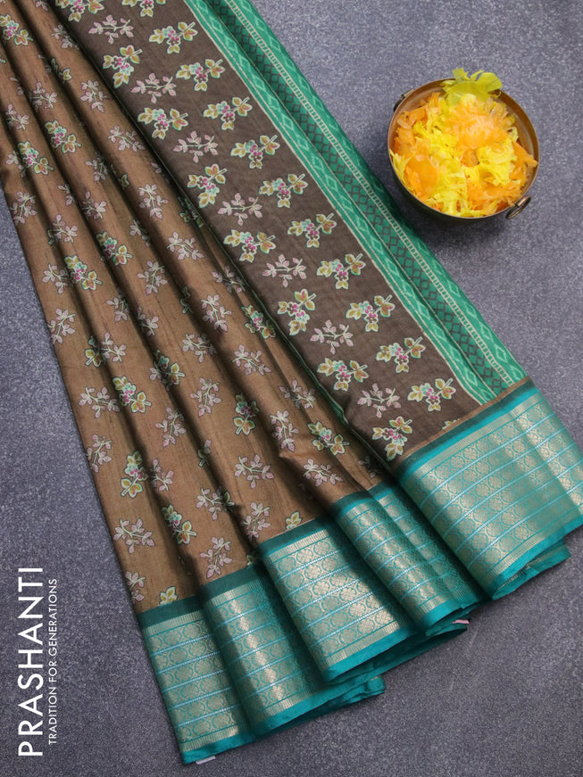 Semi kanjivaram silk saree brown shade and teal green with allover digital prints and zari woven border