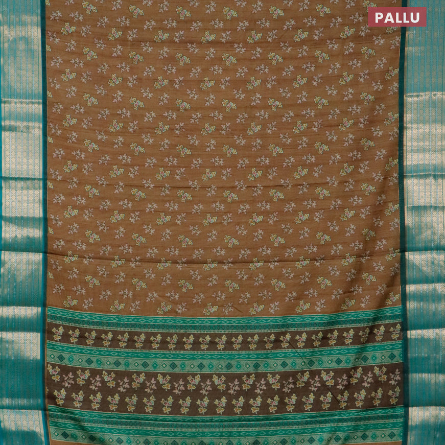 Semi kanjivaram silk saree brown shade and teal green with allover digital prints and zari woven border
